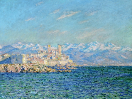 Fortress - impressionism, summer, blue, sea, pictura, white, painting, fortress, Claude Monet, art