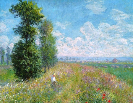 Landscape - summer, blue, girl, landscape, tree, pictura, white, green, cloud, field, Claude Monet, sky