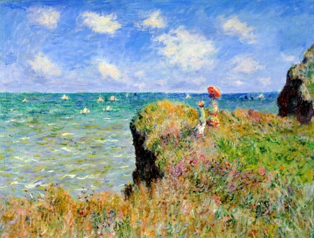 Landscape - water, summer, blue, landscape, sea, child, pictura, wind, umbrella, green, painting, cloud, mother, Claude Monet, art, sky