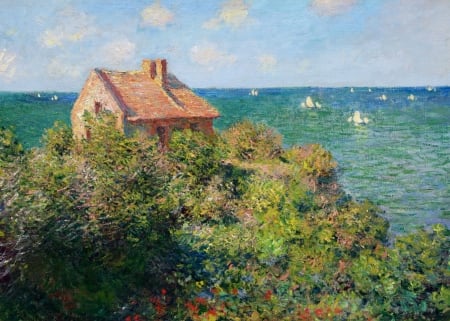 Landscape - impressionism, house, water, summer, blue, landscape, sea, pictura, green, painting, Claude Monet, art