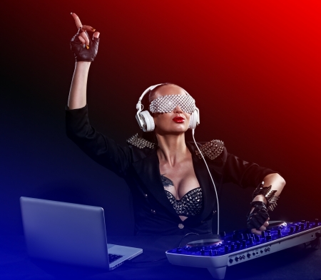 DJ - woman, girl, glasses, headphones, red, blue, dj, model