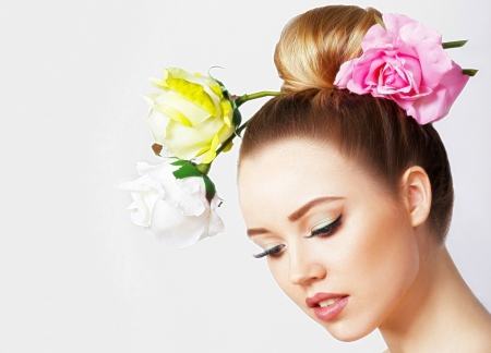 Beauty - face, flower, rose, pink, model, girl, woman