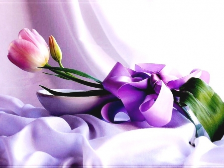 Tulips - leaves, purple, ribbon, flower