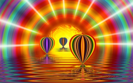 Balloons at Sunset - rainbow, balloons, sunset, fractal, colors, colorful