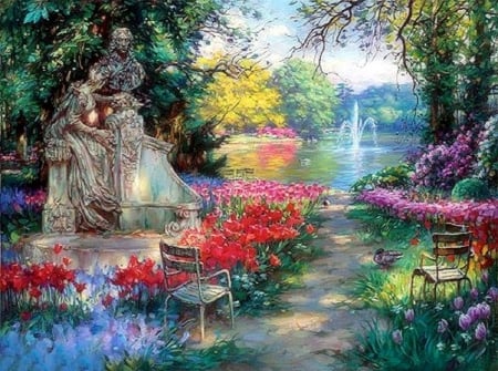 Splendor Garden - fountain, summer, attractions in dreams, paintings, spring, colors, flowers, getaways, nature, garden, love four seasons