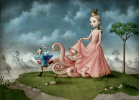 Help! - cloud, funny, pink, nicoletta ceccoli, girl, dress, art, fantasy, surreal, tree, prince, luminos, octopuss, man, green