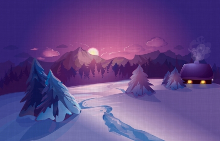 Winter morning - house, winter, blue, snow, vector, morning, pink, tree, white, purple, sun