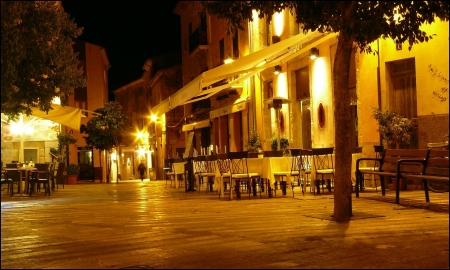 Street Cafe by Night - street, lanterns, photography, lamps, light, night, cafe