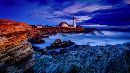 Out of the dark - ocean, lighthouse, sky, landscape, shore, rocks, coast, waves, dark, blue, beautiful, dusk, sea