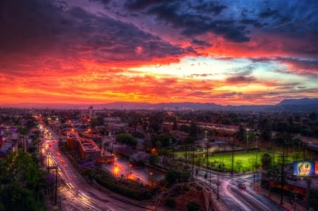 spectacular sunset over city hdr - clouds, city, colorful, field, streets, hdr, sunset