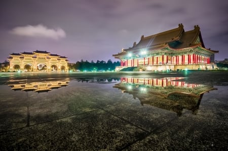 Chiang Kai Shek Memorial, Taiwan - reflections, evening, rain, buildings, lights