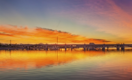 Fire Over The Bridge - water, sea, colors, reflection, sky, pier