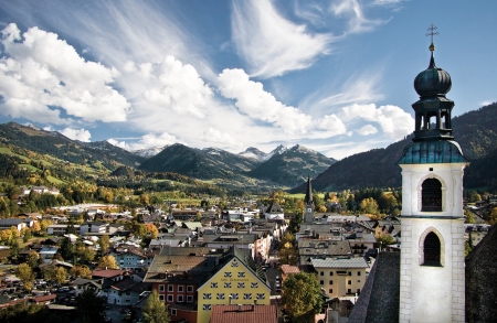 church in a lovely alpine valley town - sky, mountains, town, valley, church