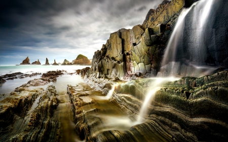 Waterfall - waterfall, nature, rocks, sea