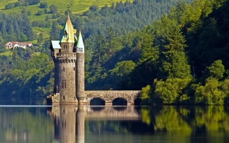 Vyrnwy Tower, Wales - forest, reflection, castle, medieval, tower, bridge