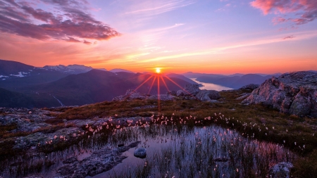 Power of the rising sun - clouds, hills, landscape, scene, HD, sunrise, sunset, nature, fiel, mountains, sun, sky, wallpaper