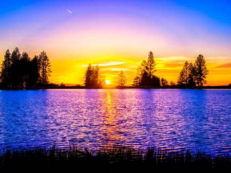 Sunset over the Lake - pretty, Sunset, Lake, Nature