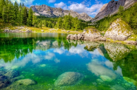 Triglav NP-Slovenia - Triglav, Slovenia, landscape, reflection, crystal, mountain, mirror, lake, sky, national park, trees, water, beautiful, tranquility, clear, serenity, rocks