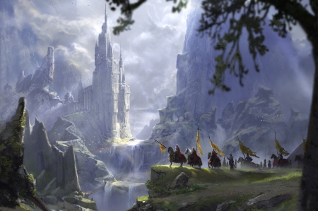 The knights - castel, landscape, people, warrior, magic, knight, lotr, fantasy, horses, art, horse, game, castle, luminos