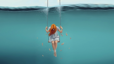 Swinging underwater - water, summer, blue, girl, swing, fantasy, redhead, underwater, surreal, fish, art, luminos