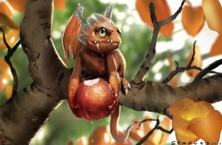 Dragon - cub, fantasy, fruit, red, green, dragon, orange, tree, apple, cute