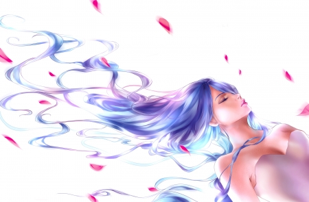 Sleeping Beauty - anime, blue, petals, pink, frumusete, manga, fantasy, white, sleeping beauty, luminos