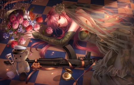 Hurt - gun, hurt, girl, toy, blood, milcho, anime, flower, manga