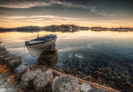 boat tied in a harbor hdr - sunset, town, boat, hdr, harbor, posts, pier