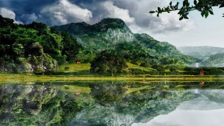 spectacular lake reflections hdr - reflections, clouds, trees, hdr, lake, mountains, farms