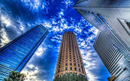 looking up at skyscrapers hdr - up, blue, hdr, skyscrapers, city, sky