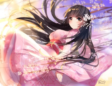 Cute Japanese Girl - pretty, anime, blue, pink, long hair, flowers, red, sky, clouds, anime girl, cherry blossom, beautiful, girl, beauty, kimono, lovely, sweet, white, soft, black hair