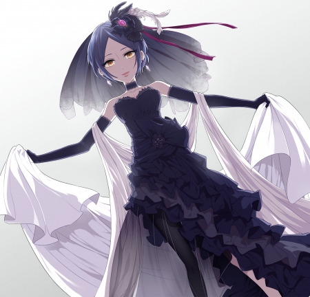 Hayami Kanade - pretty, anime, elegant, female, dress, short hair, anime girl, beautiful, girl, beauty, lovely, sweet, black, lady, woman, black hair, gloves