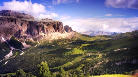 Gardena Pass - sky, trees, landscape, gardena pass, mountain range, mountains, view, flora, clouds, grass