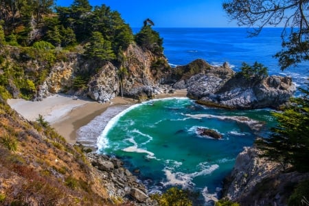 McWay falls - summer, lagoon, coast, beautiful, landscape, sea, ocean, wildflowers, fall, waterfall, view, waves, rocks, bay