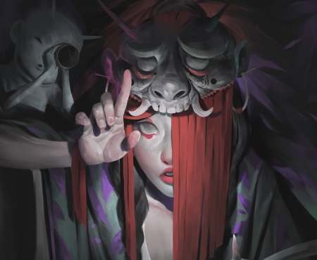 Devil mask - girl, black, fantasy, redhead, purple, hand, mask, face, zeen84, art, demon