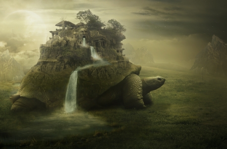 Fantasy turtle - stone, turtle, ruins, city, green, creative, waterfall, fantasy