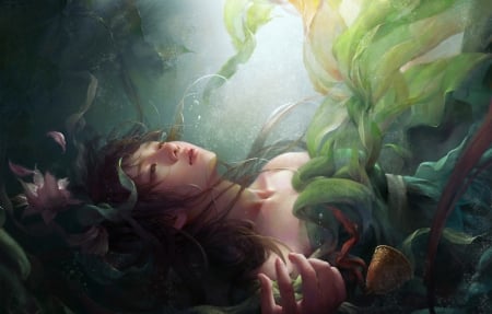 Deep sadness - beauty, realistic, girl, luminos, hand, green, fantasy, underwater