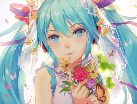 Hatsune Miku - anime, vocaloid, blue, atdan, girl, hatsune miku, flower, pink, manga, white, red