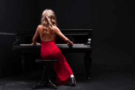 Sonnata - woman, piano, girl, red, instrument, stiletto, model, dress