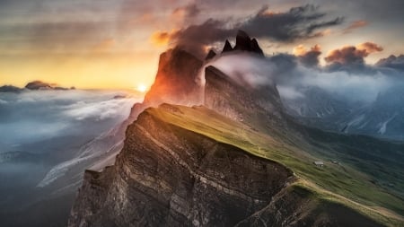 Dolomites, Italy - morning, sky, clouds, alps, fog, sunset, peaks