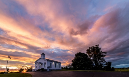 Flora Church, Flora, Illinois - sky, landscape, trees, clouds, sunset, colors