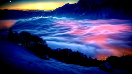 Reflection in Mountain Fog - sunset, fog, lights, mountains, reflection