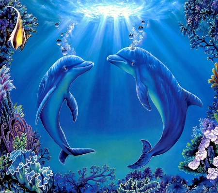 DOLPHIN LOVE - OCEAN, BLUE, BUBBLES, DOLPHINS