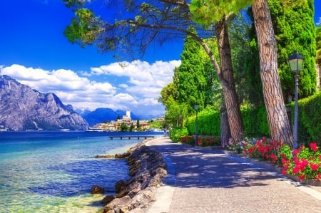 Lake Garda - trees, alley, summer, town, beautiful, sea, Garda, walk, rest, mountain, flowers, Italy, lake, park