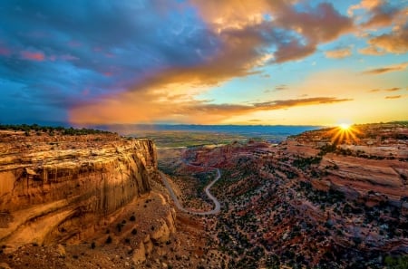 On the Edge of Daybreak, Colorado - clouds, canyons, landscape, colors, valley, sun, sky