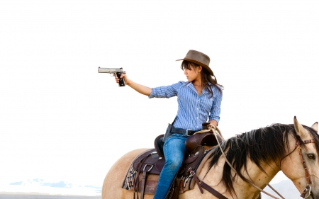 Shooting Back.. - women, fun, girls, models, female, holster, cowgirl, hats, western, horses, pistol, nra, saddles, barns, style, fashion, boots, brunettes