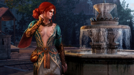 Triss Merigold - sorceress, game, water, fountain, girl, orange, triss merigold, witch, fantasy, redhead, green, woman, the witcher