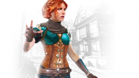 Triss Merigold - woman, redhead, girl, the witcher, white, witch, sorceress, game, hand, orange, green, triss merigold, fantays