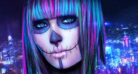 Synesthesia - blue, girl, magicnaanavi, pink, skull, fantasy, purple, woman, halloween, cyberpunk, face, synesthesia, luminos