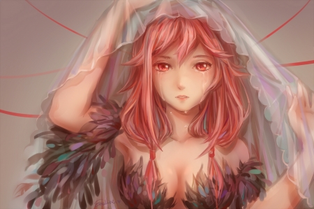 Yuzuriha Inori - veil, tears, anime, guilty crown, girl, yuzuriha inori, red eyes, manga, redhead, sad, art, emalfire